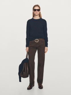 Massimo Dutti Свитер из смесовой шерсти с круглым вырезом, темно-синий