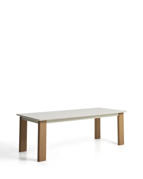 Раздвижной уличный стол Livorno из бежевого алюминия с ножками под дерево, 233(350) x 100 см