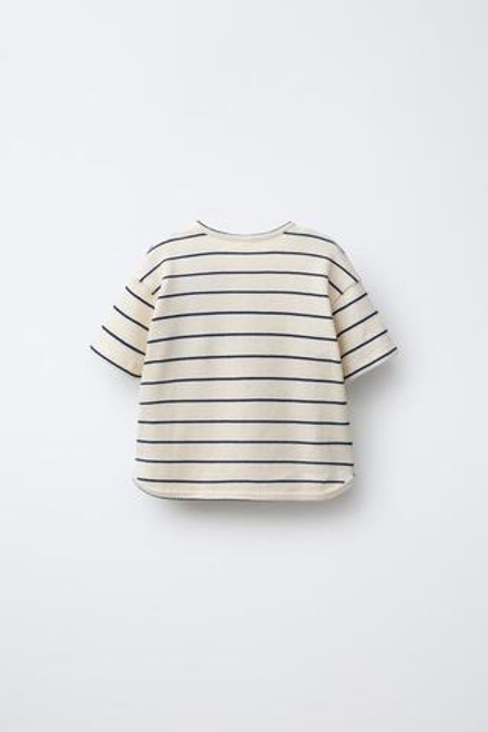 ZARA ВАФЕЛЬНАЯ ФУТБОЛКА В ПОЛОСКУ, СВЕТЛЫЙ ЭКРЮ