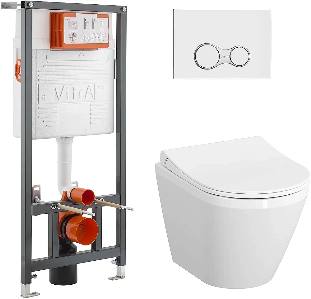 Унитаз подвесной Vitra Mia Round 9856B003-7200 безободковый, с инсталляцией, с крышкой микролифт, кнопка хром матовый
