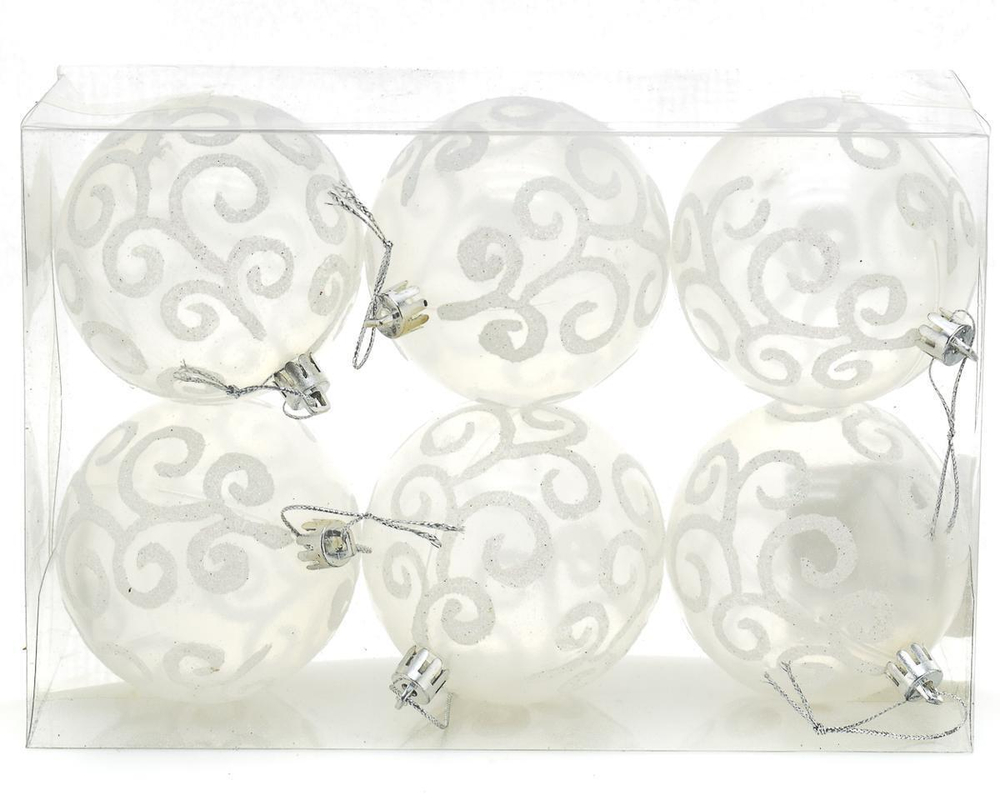 Н-р из 6-ти пластиковых полупрозрачных шаров с рисунком 8 см, цвет -белый