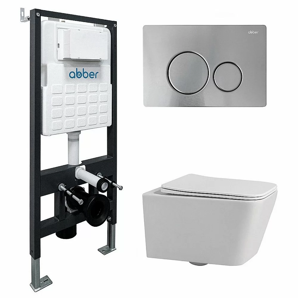Унитаз подвесной Abber Rechteck AC1201-AC0105-AC0121MCH белый, безободковый, с инсталляцией, с крышкой микролифт, с кнопкой хром матовый