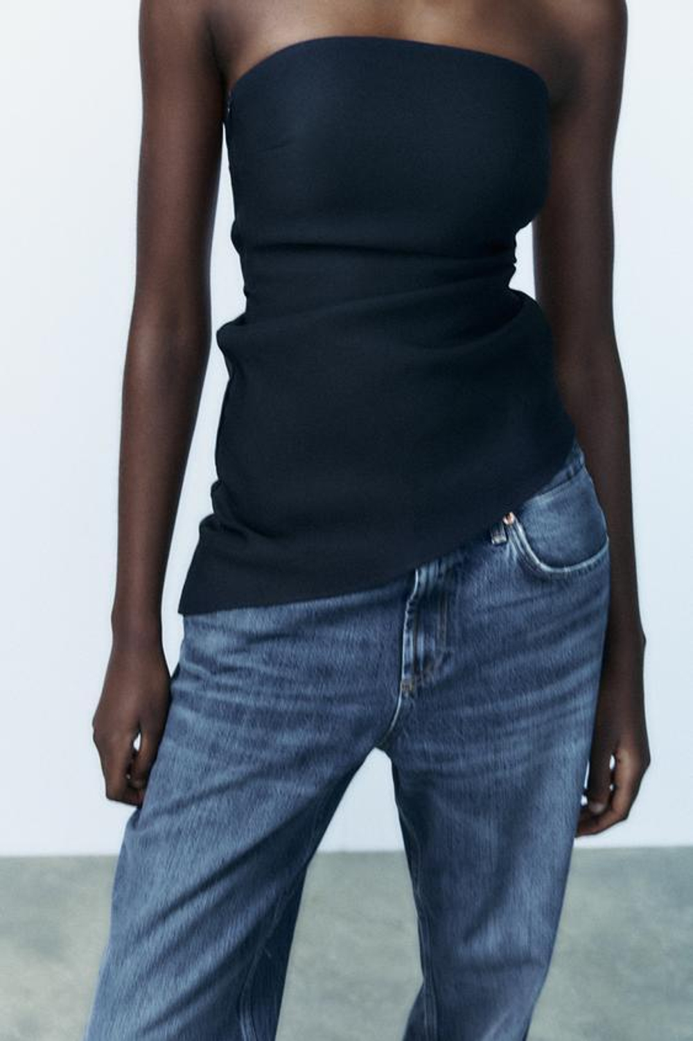 ZARA ПЛИССИРОВАННЫЙ ТОП АСИММЕТРИЧНОГО КРОЯ, МОРСКОЙ СИНИЙ