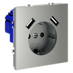Розетка встраиваемая VOLTUM S70 с заземлением и защитными шторками, 16А, с USB, A+A, (сталь)