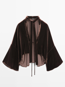 Massimo Dutti Бархатное кимоно с шарфом, коричневый