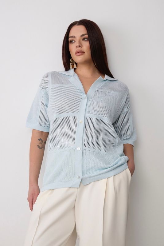 Рубашка вязаная ажурная на пуговицах, голубой