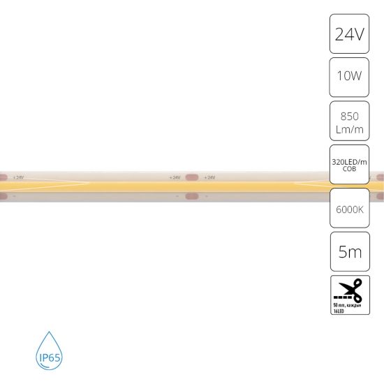 Светодиодная лента 24V 10W/m 6000К 5м IP65 Arte Lamp AQUA LANE A2432008-06-6K