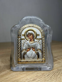 Семистрельная БМ, икона арочная, белое муранское стекло 65х85