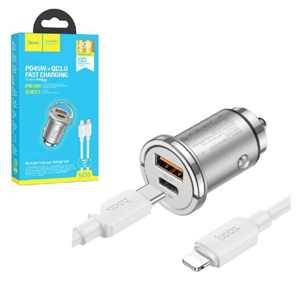 Автомобильный адаптер питания HOCO NZ10 PD 45W + QC 3.0 + кабель Lightning-Type-C (серебро)