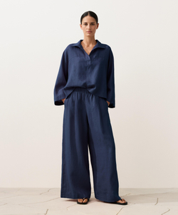 Oysho Рубашка-поло оверсайз с длинными рукавами из 100%-го льна, синий