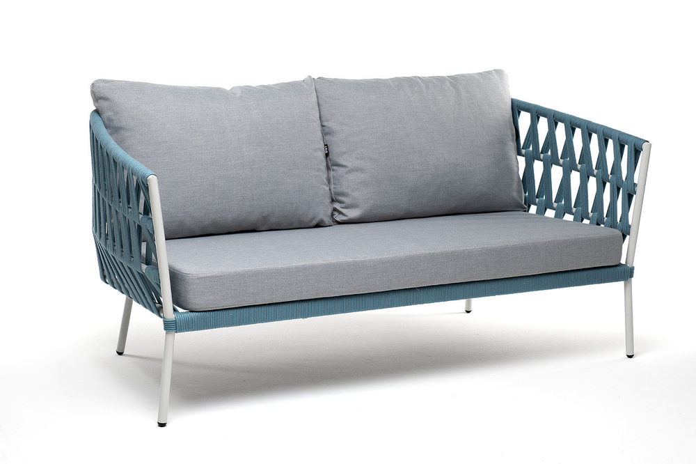 "Диего" диван 2-местный плетеный из роупа, каркас алюминий светло-серый (RAL7035) муар, роуп бирюзовый круглый, ткань светло-серая