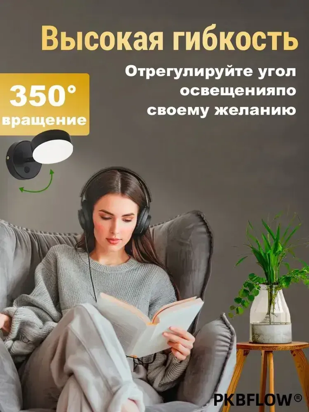 PKBFLOW Светильник настенный,с выключателем, трехцветный свет, 220V, черный