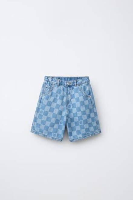 ZARA ДЖИНСОВЫЕ ШОРТЫ В ШАХМАТНУЮ КЛЕТКУ, ГОЛУБОЙ