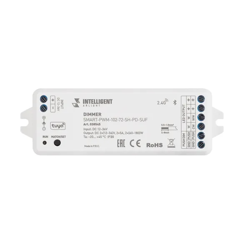 INTELLIGENT ARLIGHT Диммер SMART-PWM-102-72-SH-PD-SUF (12-36V, 2x5A, TUYA BLE, 2.4G) (IARL, IP20 Пластик, 5 лет) 038545