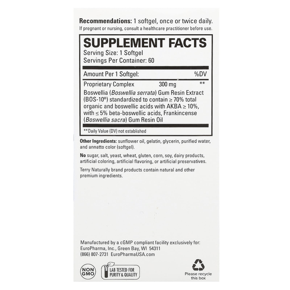 Terry Naturally, Boswellia Plus с маслом ладана, 60 капсул