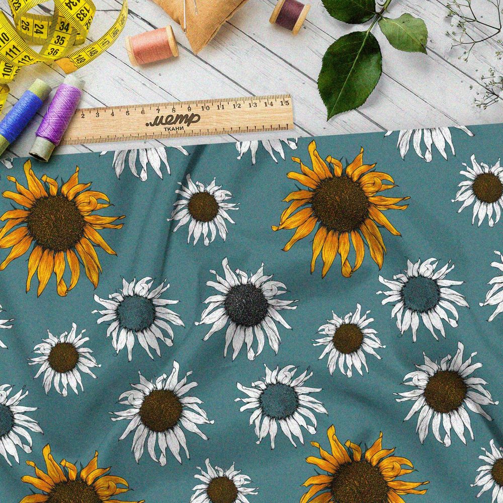 Ткань футер 2-х нитка засыхающие подсолнухи на зелёном фоне
