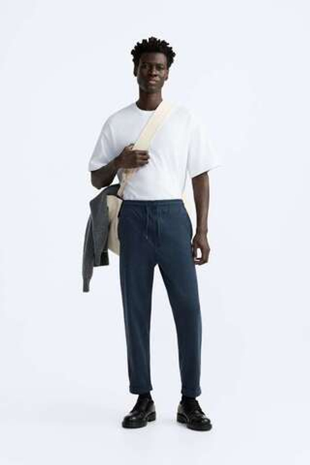 ZARA БРЮКИ EASY CARE С ПОЯСОМ НА ШНУРКЕ, СИНИЙ