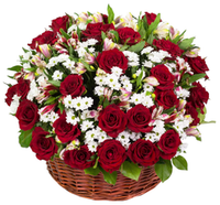 Траурная корзина "40 роз, альстромерии, ромашки"