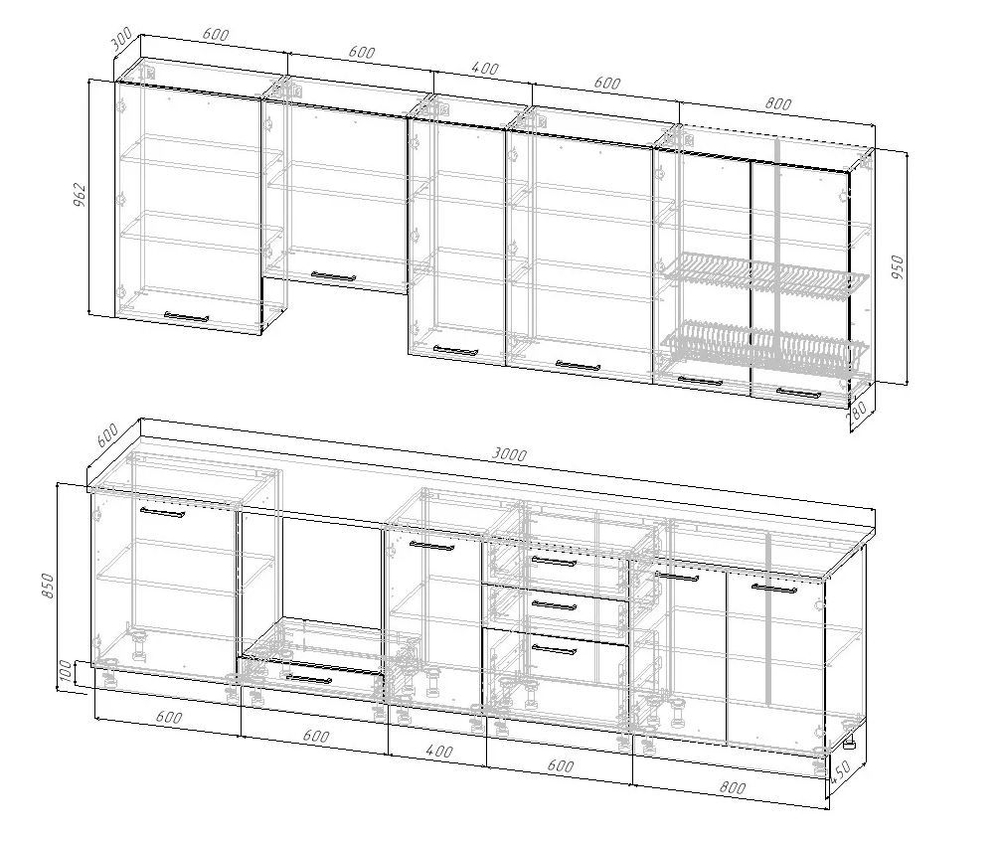 Кухонный гарнитур Бланка 3000 (верх 950 мм) (38мм)