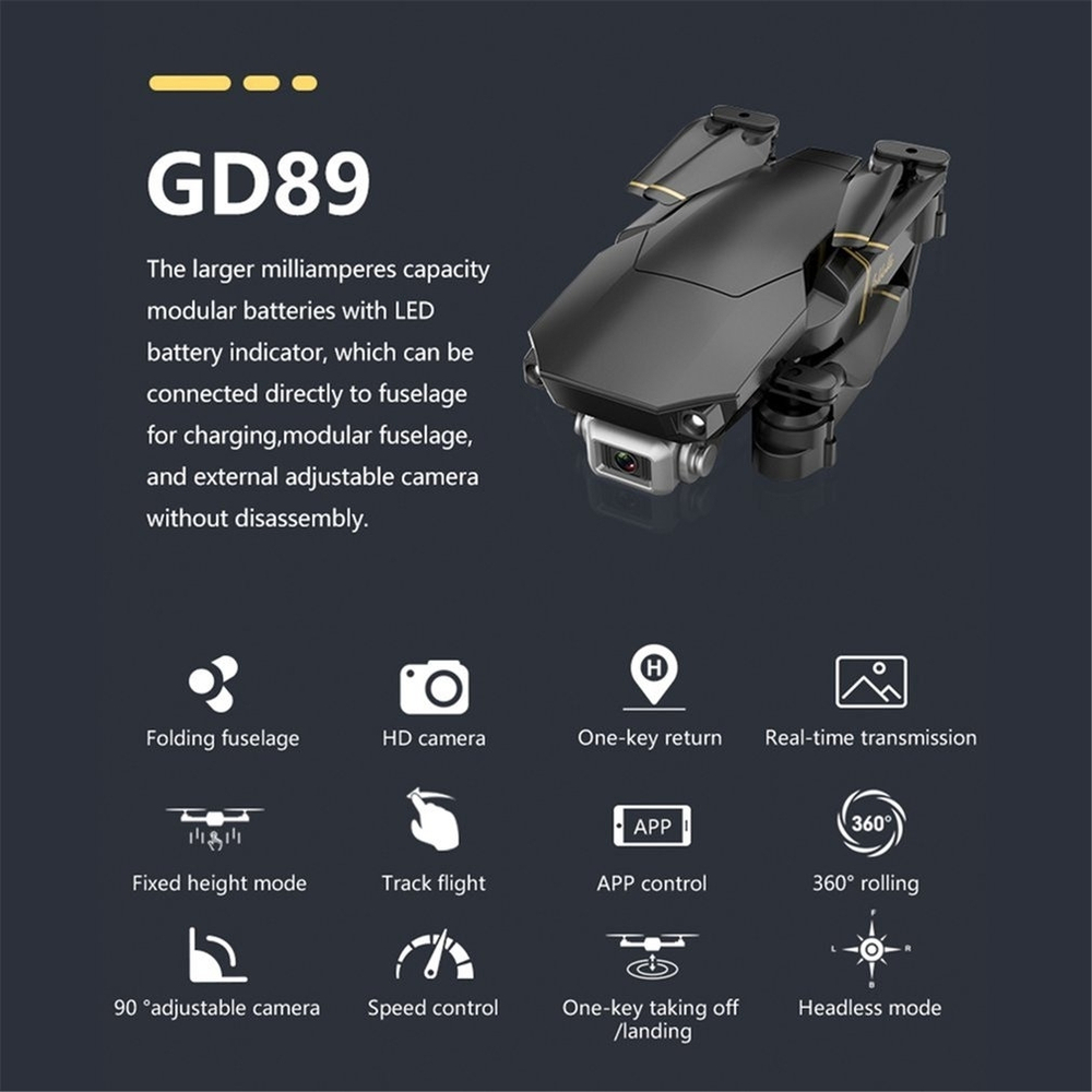 Квадрокоптер дрон радиоуправляемый с 4K камерой, WiFi FPV "GD89"