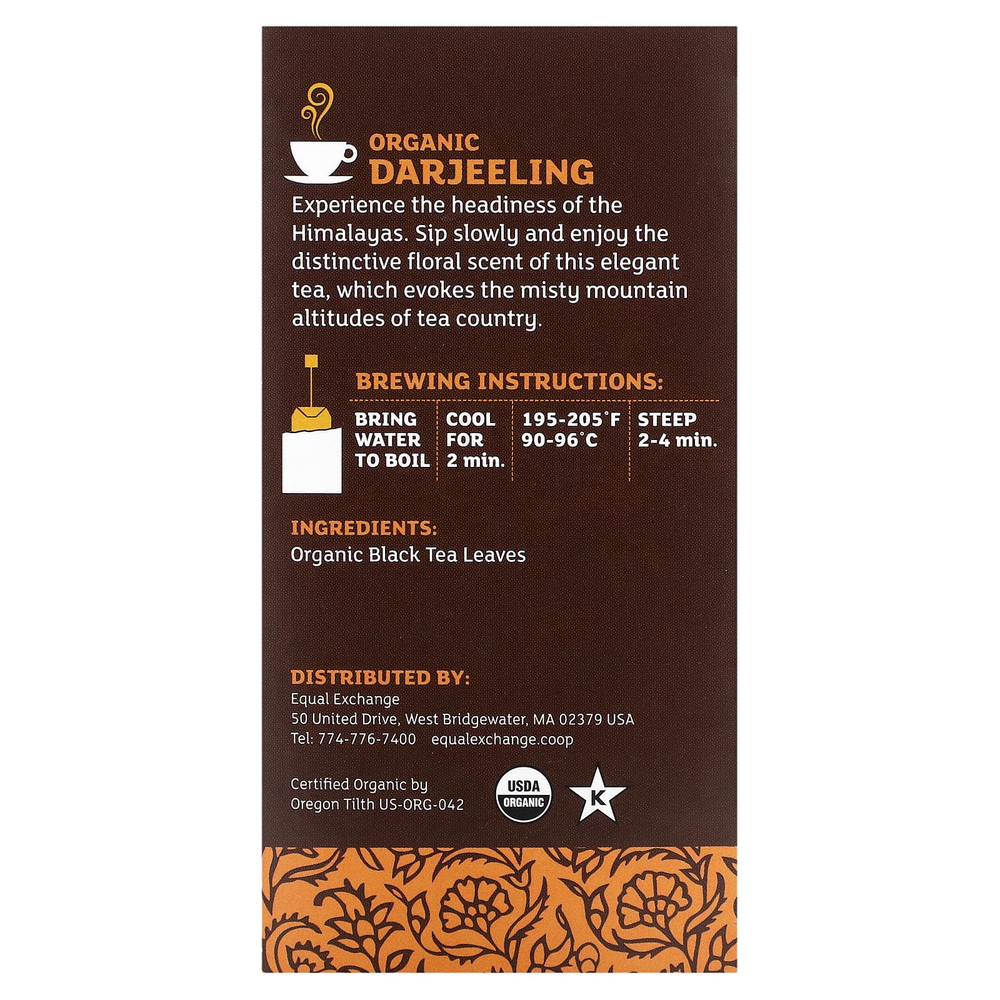 Equal Exchange, органический Дарджилинг, черный чай, 20 чайных пакетиков, 40 г (1,41 унции)