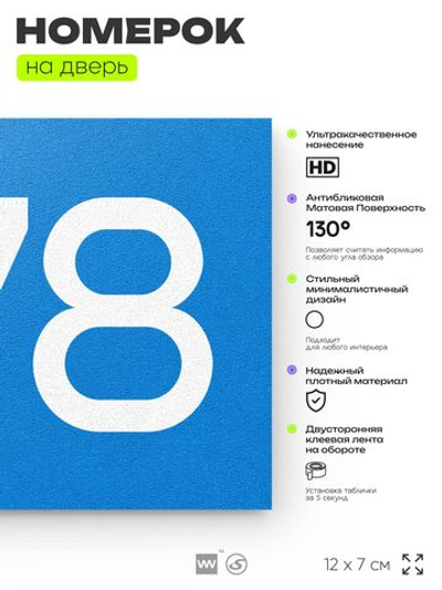 Номер на дверь 878, табличка на дверь для офиса, квартиры, кабинета, аудитории, склада, голубая 120х70 мм, Айдентика Технолоджи