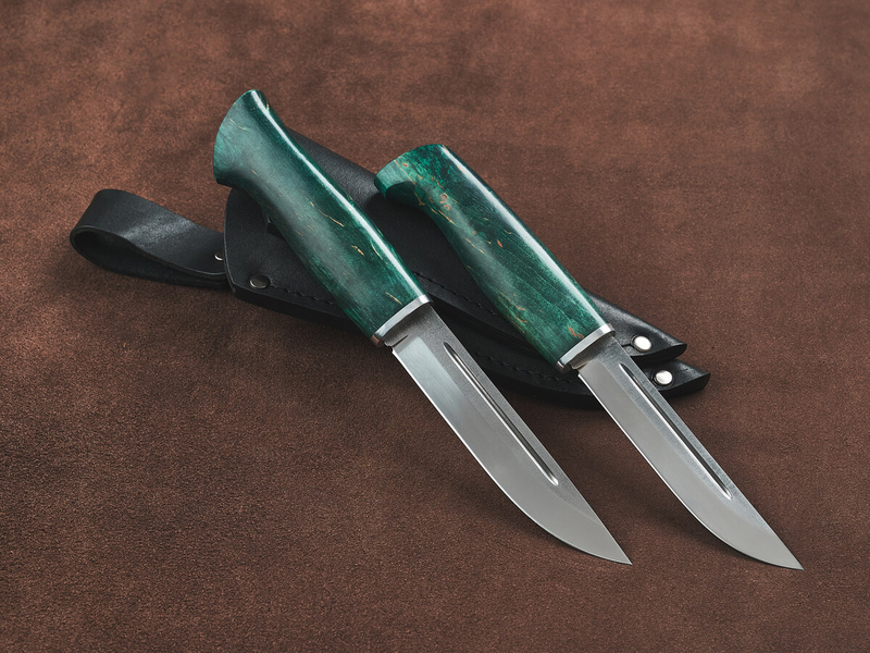 Спарка Финских ножей, сталь Х12МФ, рукоять зеленая стабилизированная карельская береза