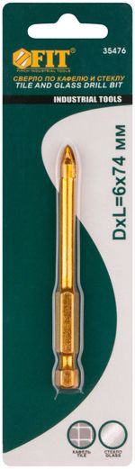 35476 Сверло по кафелю, 4 режущие кромки, титановое покрытие, u-хвостовик под биту 6 х 74 мм