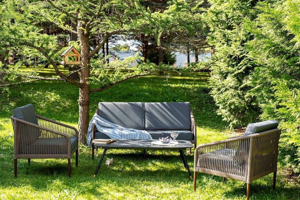 "Канны" лаунж-зона 4-местная из роупа со столом "Верона" (серый гранит), каркас алюминиевый коричневый, роуп коричневый