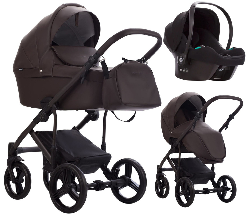 Детская коляска Bebetto Magnum Light Pro 3 в 1 с автокреслом Avionaut Cosmo 09 коричневая кожа, коричневая рама