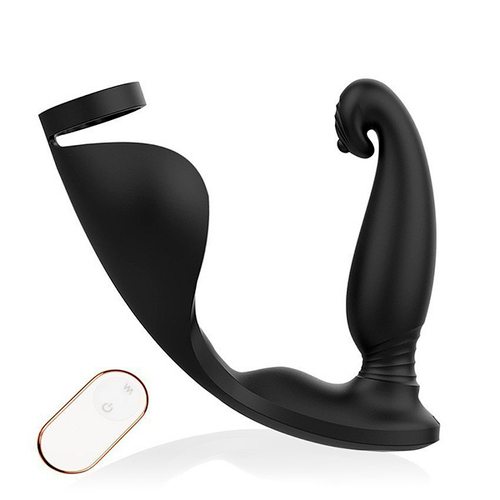 Черный анальный вибромассажер 12,8см с эрекционным кольцом и подхватом для мошонки Bior Toys Sex Expert SEM-55235