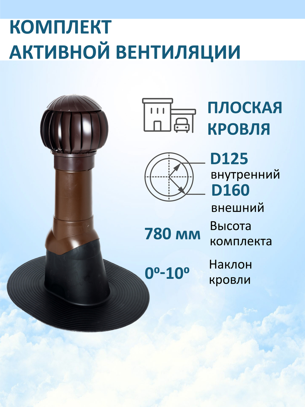 Комплект активной вентиляции: Вентиляционный выход изолированный D125/160 утепленный высота H=500 мм, проходной элемент для плоской кровли ТП-187, ротационная вентиляционная турбина Ø 160 мм серия Twister, коричневый