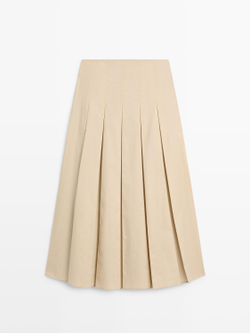 Massimo Dutti Хлопковая юбка миди со складками, песочный