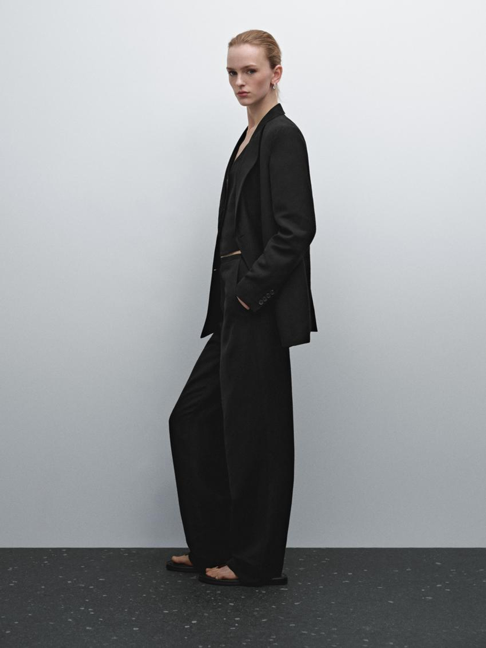 Massimo Dutti Брюки из смесового льна с лаконичным дизайном, черный