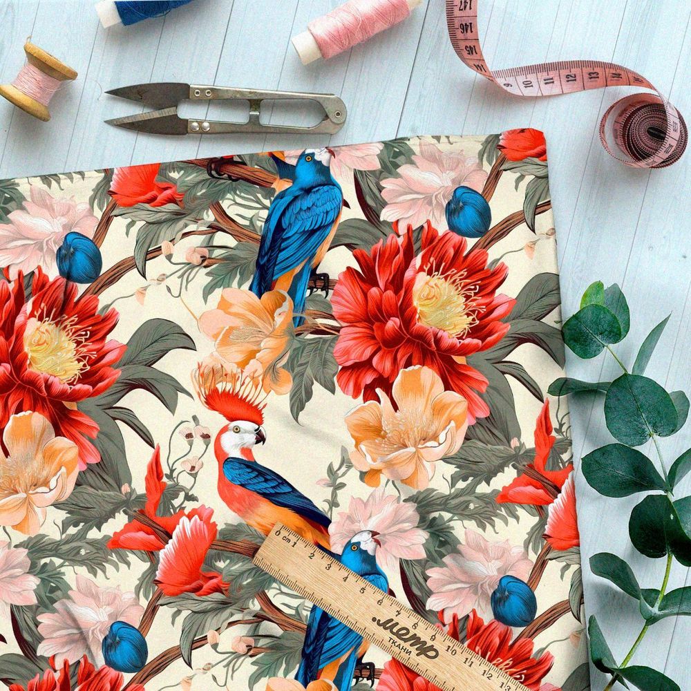 Ткань премиум атлас экзотические птицы