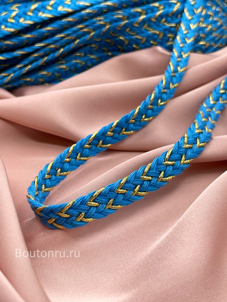 Тесьма косичка голубая  с золотой нитью
