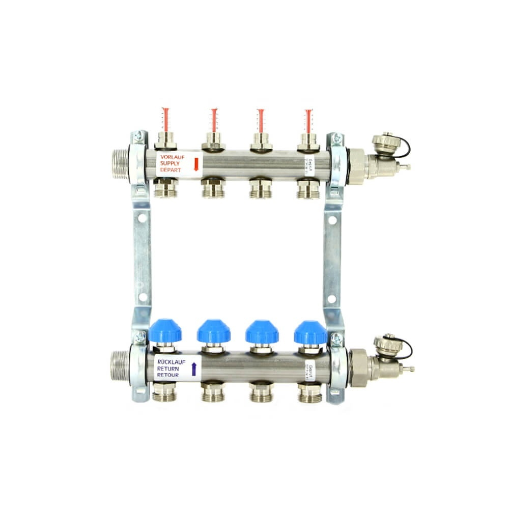 Коллекторная группа с расходомерами Uni-fitt 455W4304 НР 1", на 4 контура 3/4" EK, нержавеющая сталь