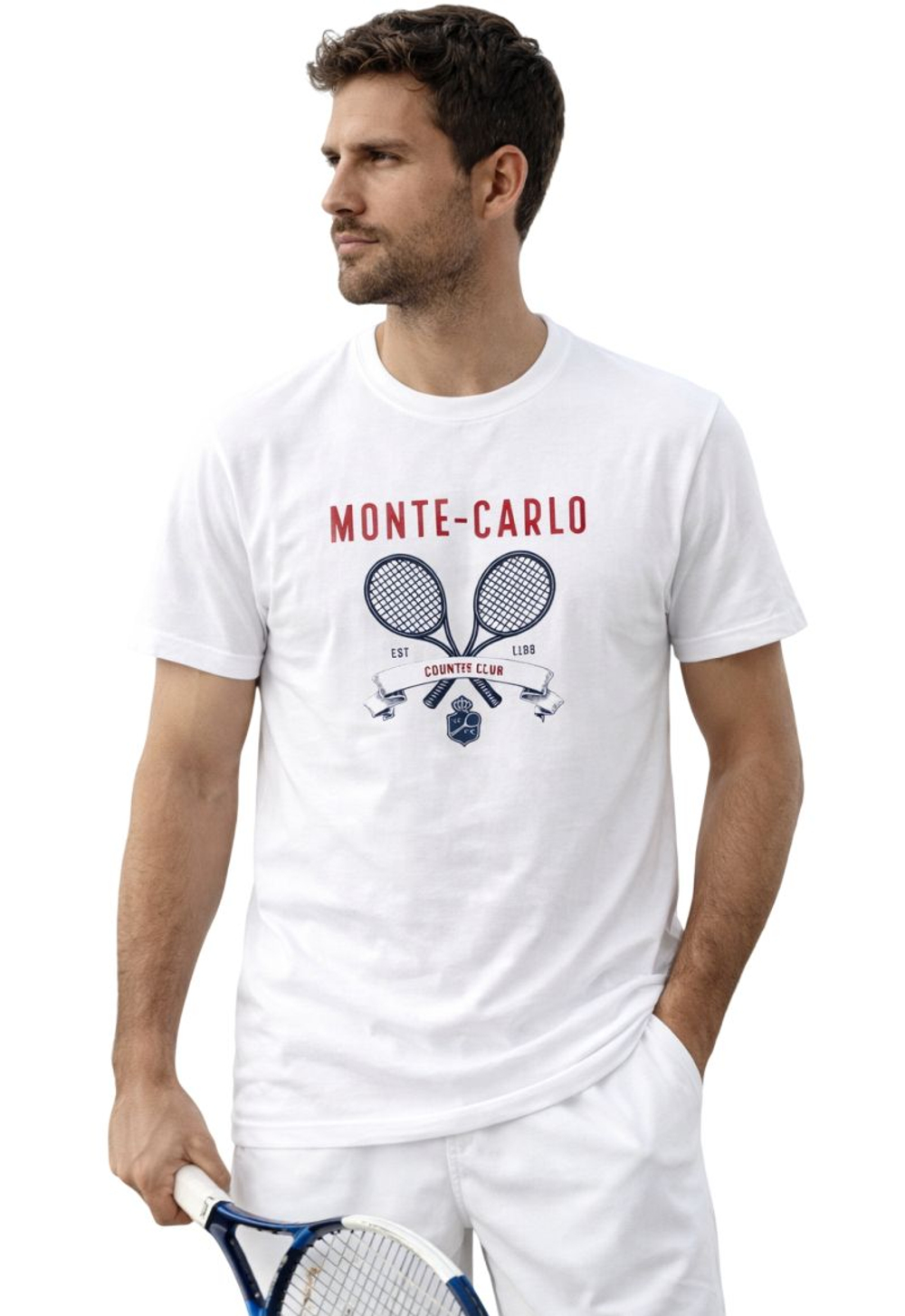 Мужская теннисная футболка Monte-Carlo Country Club MCCC Raquette Print - white