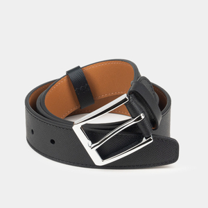 Ремень мужской из кожи теленка Saffiano черного цвета со стальной пряжкой