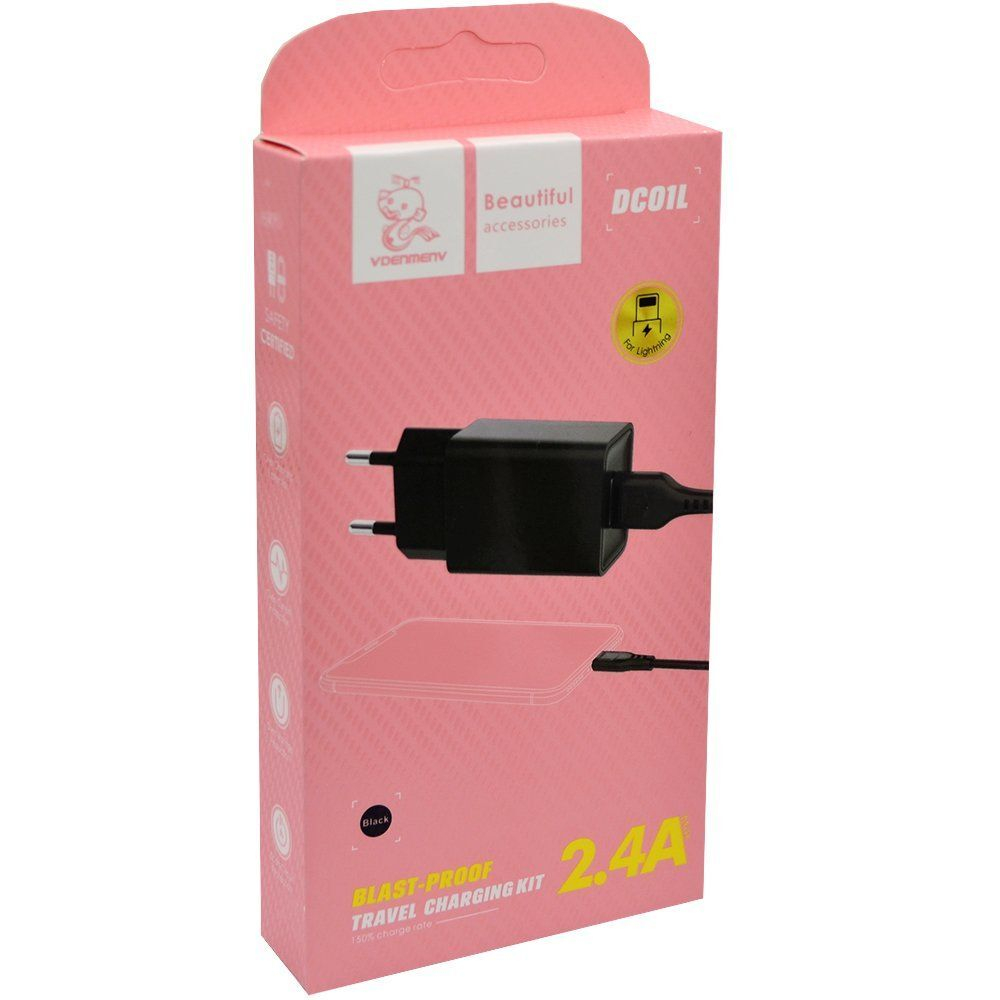 Сетевой адаптер питания DENMEN DC01L 1USB + кабель Lightning (черный)