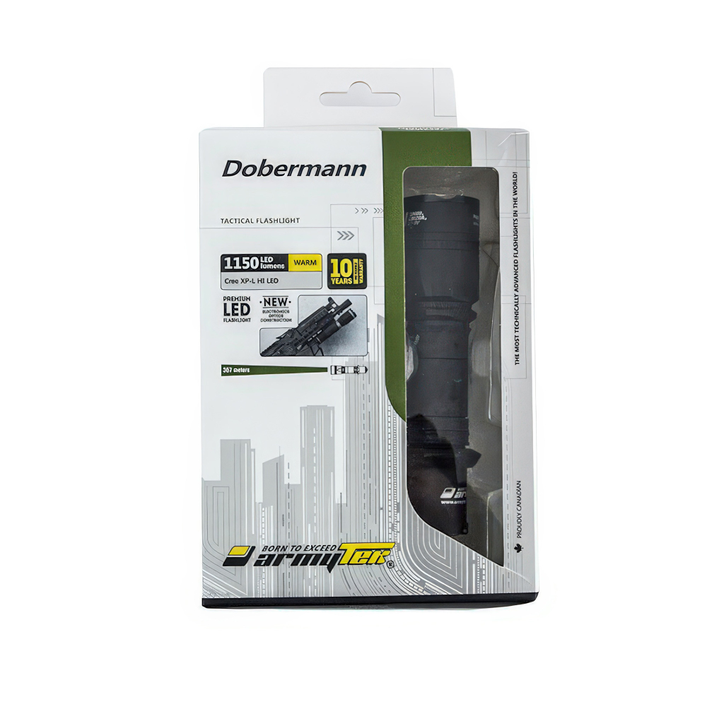 Тактический фонарь Armytek Dobermann XP-L warm — мощность и дальность: 977 люмен и дальность до 367 метров для точного прицеливания.