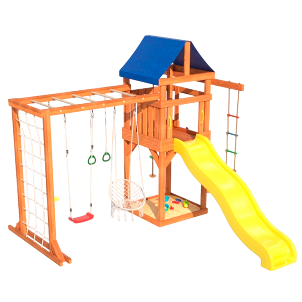 Детская площадка Fun Land с модулем сетка-рукоход, подвесным креслом и качелями