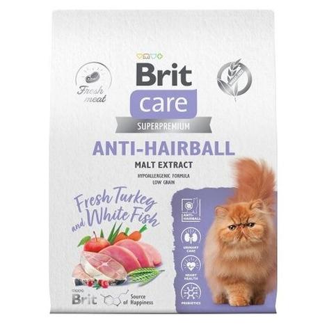 Сухой корм для взрослых кошек с белой рыбой и индейкой Cat Anti-Hairball BRIT CARE 7кг