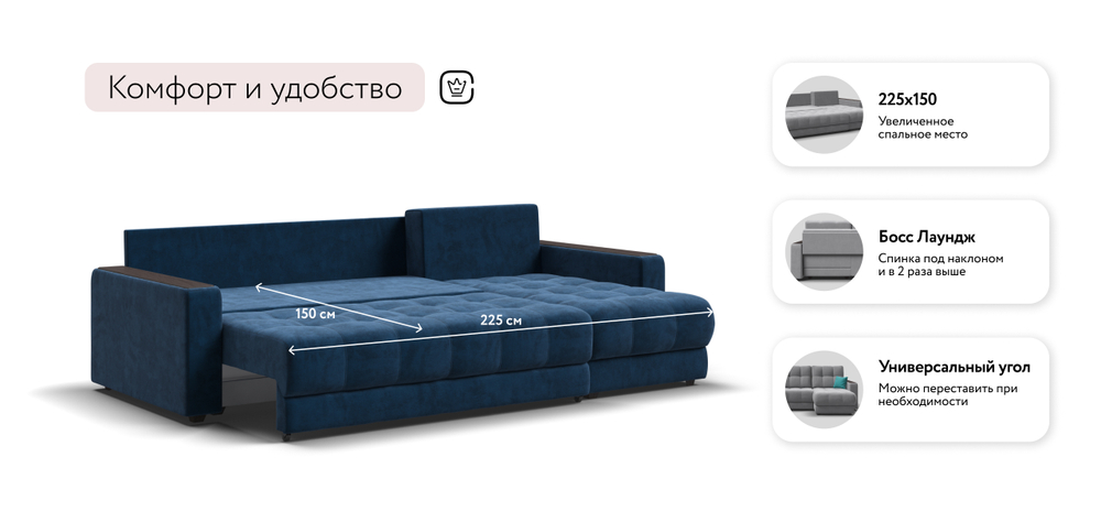 Угловой диван Босс Классик Велюр Монолит синий