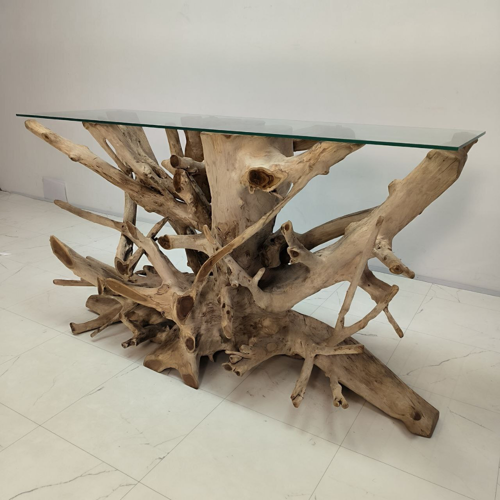 Консоль из корня тикового дерева 50091 со стеклом (150*47*85)