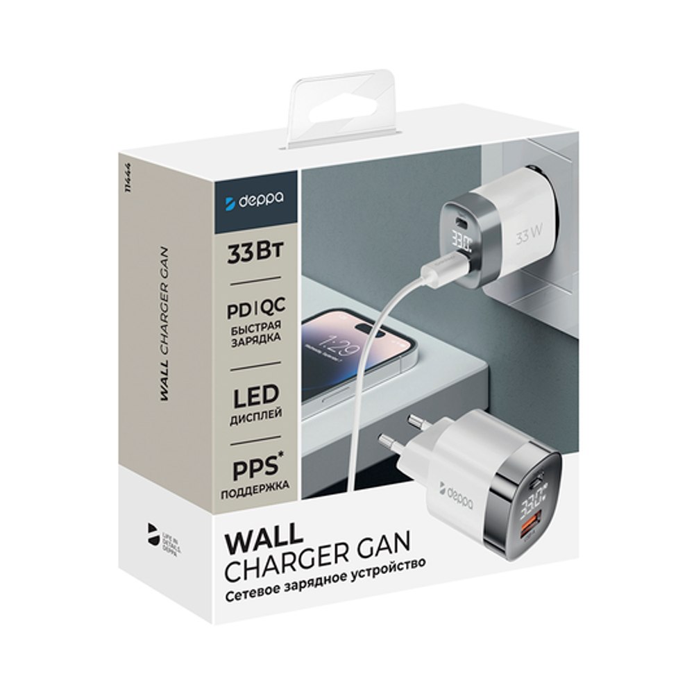 Сетевое зарядное устройство Wall Charger USB-C + USB A, PD 3.0, QC 3.0, 33W, дисплей