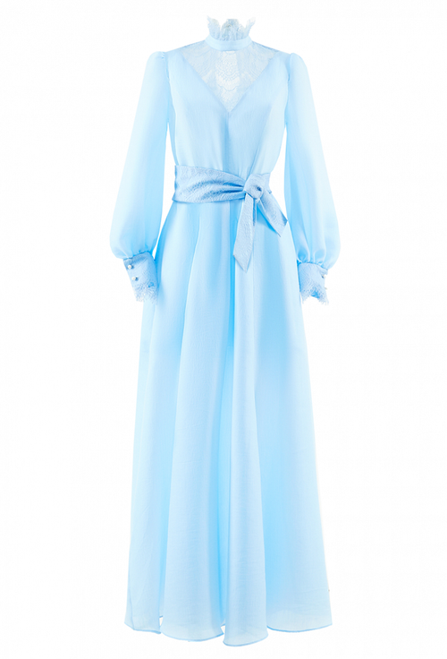 Длинное платье со складками на полочке голубое 35-01-20 SS