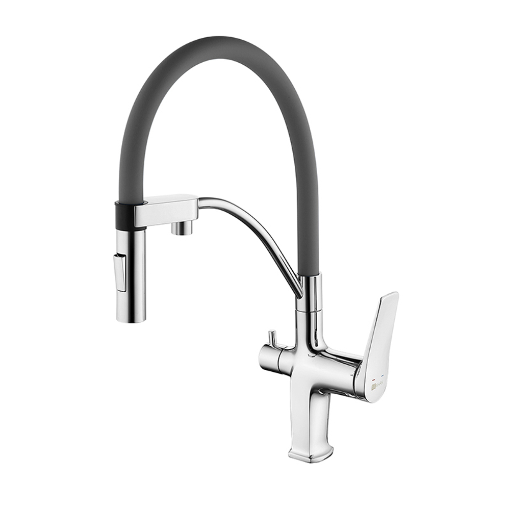 смеситель кухня LEMARK Comfort картридж 35мм, с гибким изл, с подкл. фильтра,хром/серый LM3074C-Gray