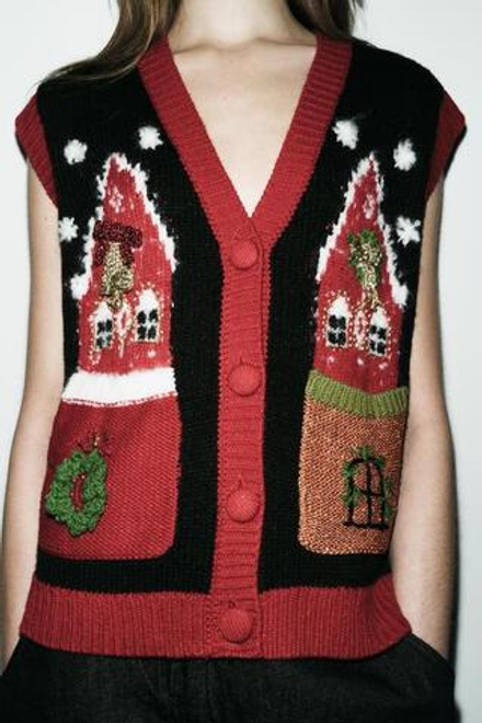 ZARA НОВОГОДНИЙ ТРИКОТАЖНЫЙ ЖИЛЕТ, РАЗНОЦВЕТНЫЙ
