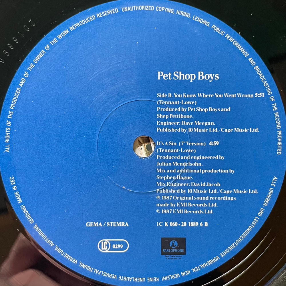 Pet Shop Boys ‎– It's A Sin (Европа 1987г.)